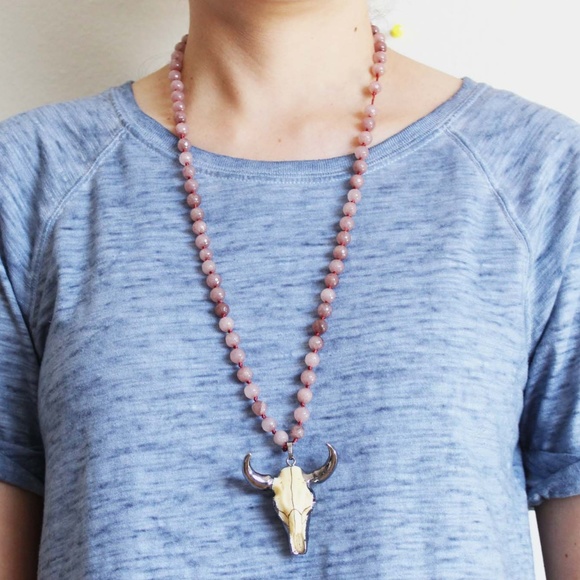 New Boho Bull Skull Stone Beaded Necklace - Picture 2 of 5
